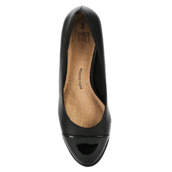 Time & Tru Black Memory Foam Wedge Heels Faux Leather Glossy Toe Cap Size 11 - Picture 3 of 9